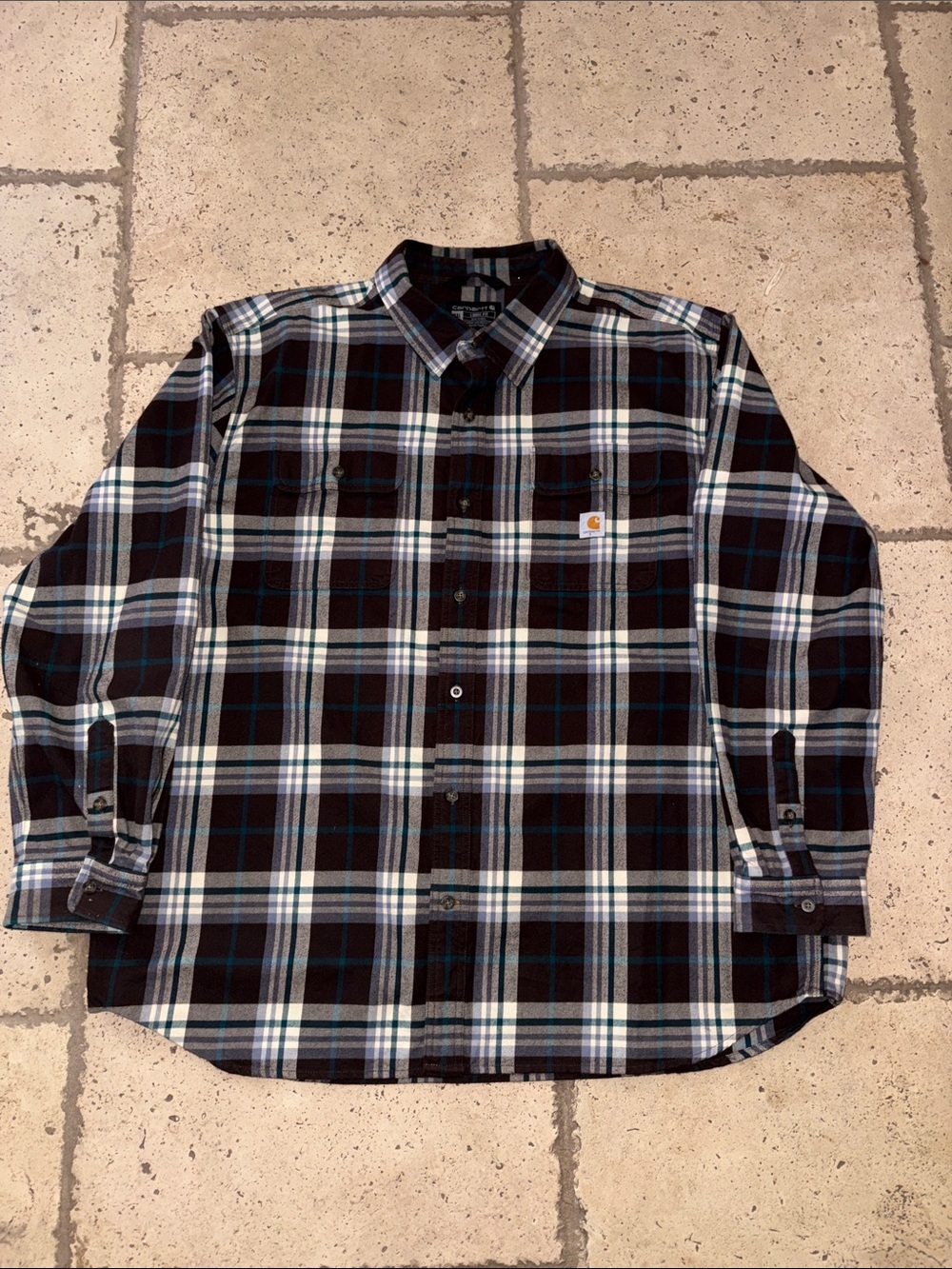 BNWOT Carhartt Brown,Teal & White 100% Cotton Plaid Button-Down Shirt 2XL